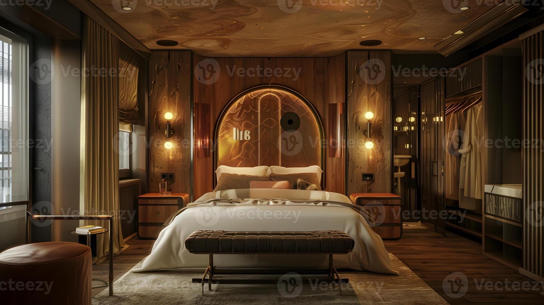 Art Deco Hotel Bedroom Exuding Elegance and Warmth with Wood Paneling and Velvet Accents photo