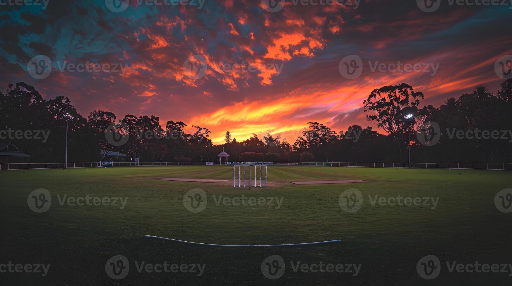 Tranquil Twilights Embrace Noctilucent Clouds Form the Outline of a Peaceful Cricket Ground photo