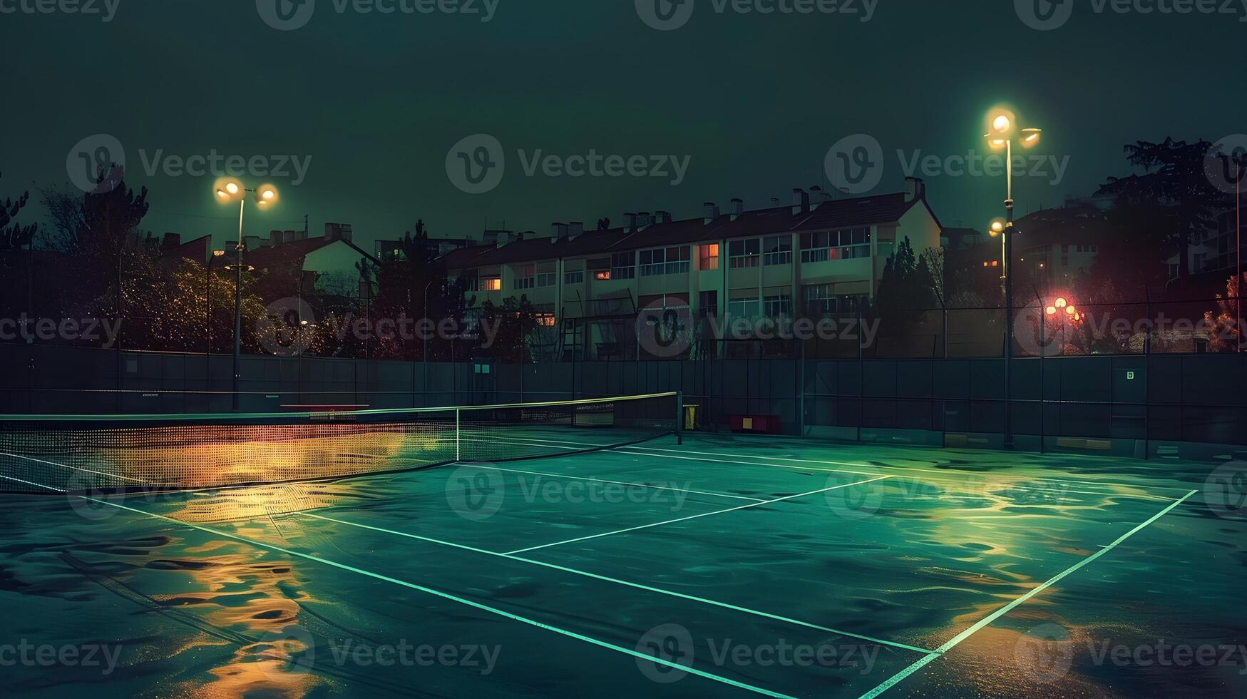 Vintage Lamps Illuminate Peaceful Tennis Court Under the Night Sky photo