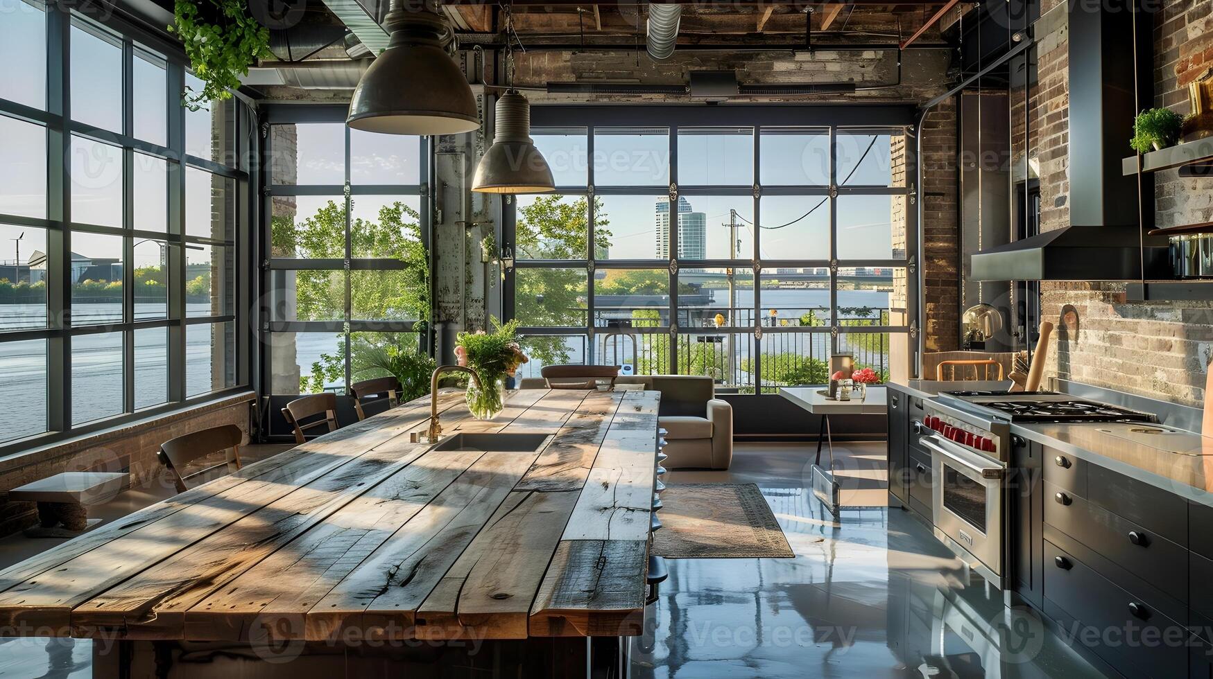 Award Winning Industrial Kitchen with River View Intricate Design and Inviting Dining Space photo