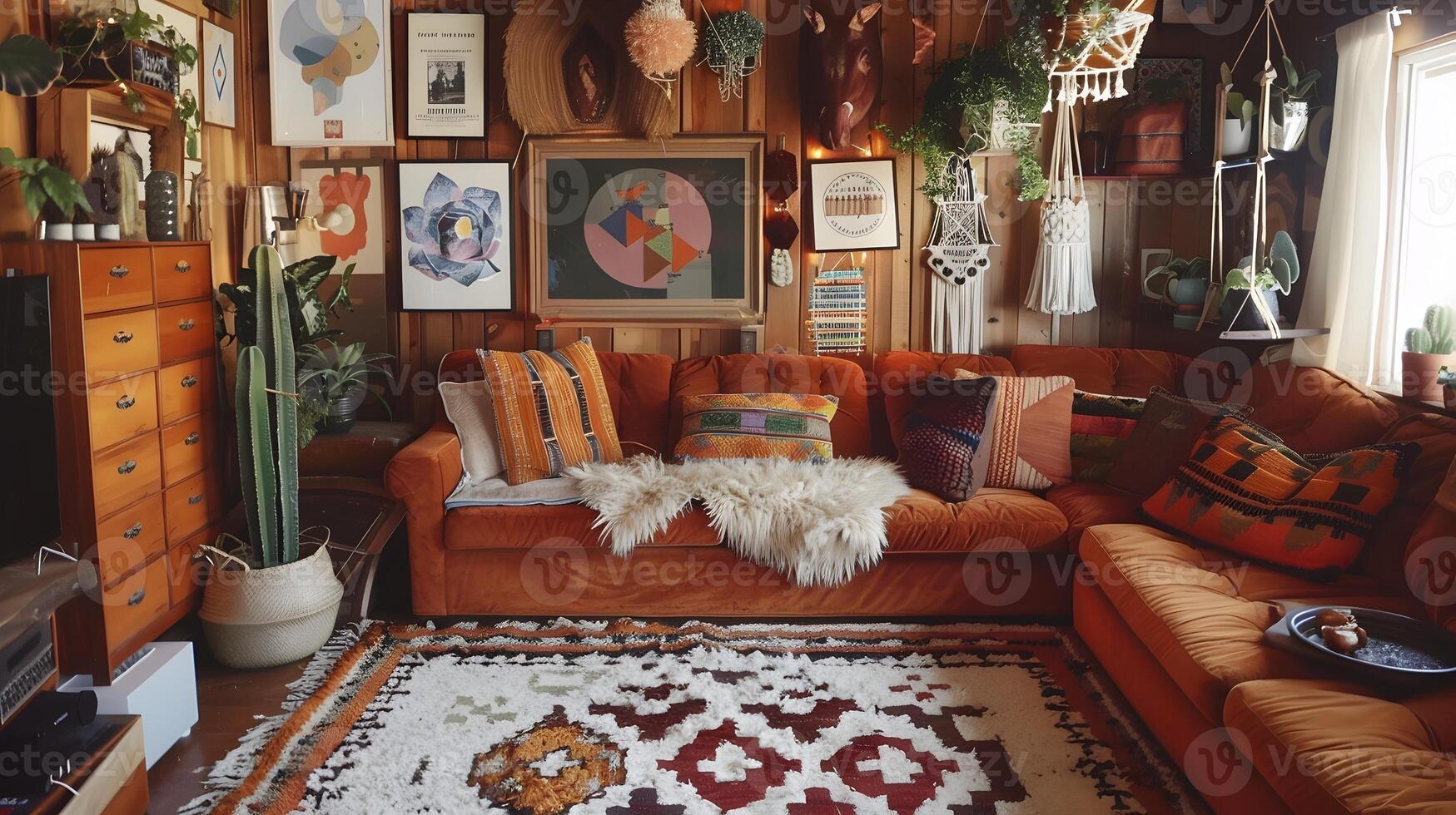 Bohemian Living Room with Vintage Furniture and Colorful Artwork Creating a Cozy Atmosphere photo