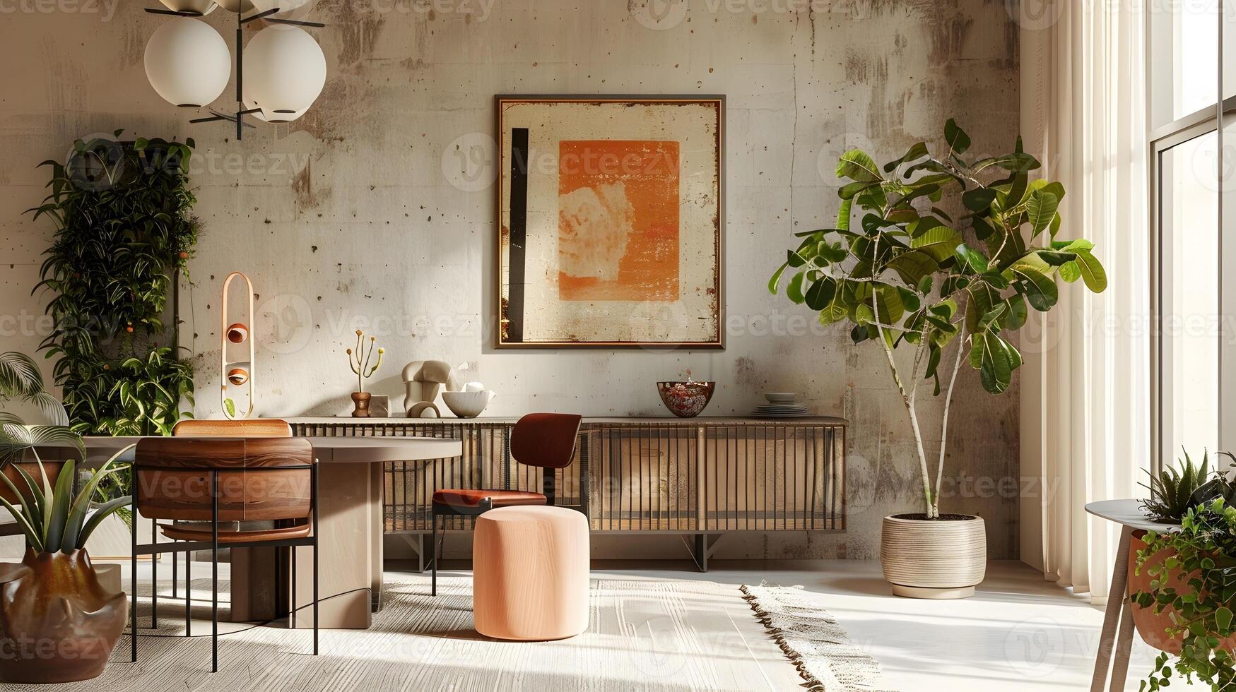 Upcycled Sideboard Anchors Eclectic Dining Room with Abstract Sculpture and Greenery photo