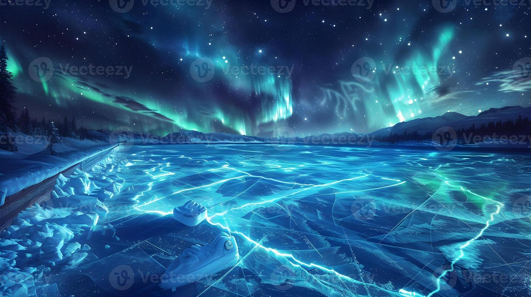 Starlit Ice Hockey Rink Glows with Northern Lights Mid-Flight Action photo