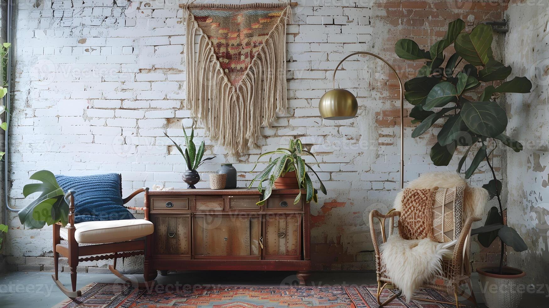 Vibrant Bohemian Corner Featuring Macrame Tapestry, Wooden Storage Unit, and Brass Lamp Adorning a Weathered Brick Wall photo
