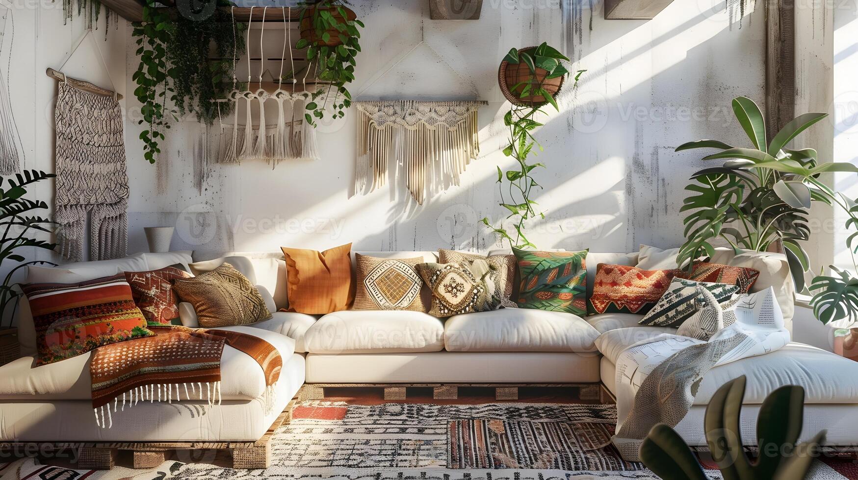 Bohemian Living Room Relaxed Space Filled with White Wall Hangings and Greenery photo