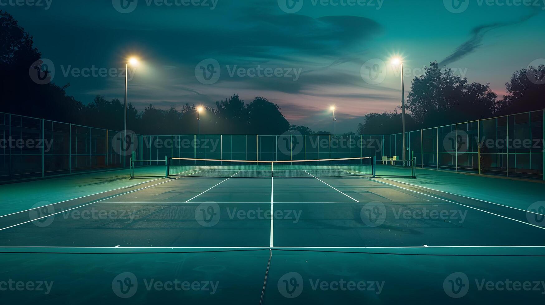 Vintage Lamps Bathe Classic Tennis Court in Soft Glow as Night Falls photo
