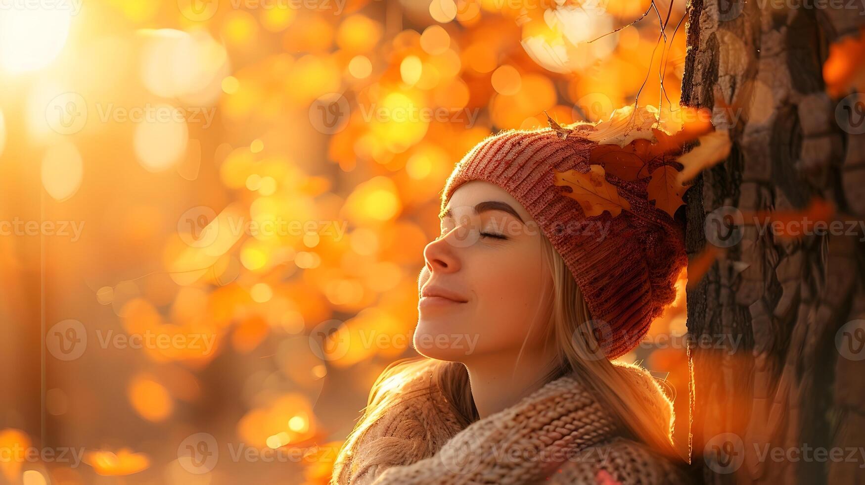 Harmonious Woman Embracing Autumn Sunlight Amidst Oak Tree and Crunchy Leaves photo