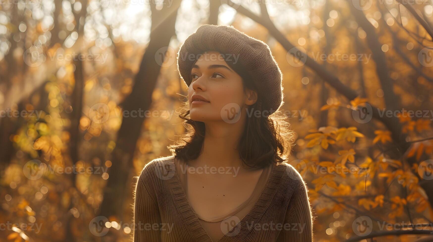 Autumn Suns Warm Embrace Peaceful Woman in Trendy Knit Beret Enthralled by Golden Forest Foliage photo