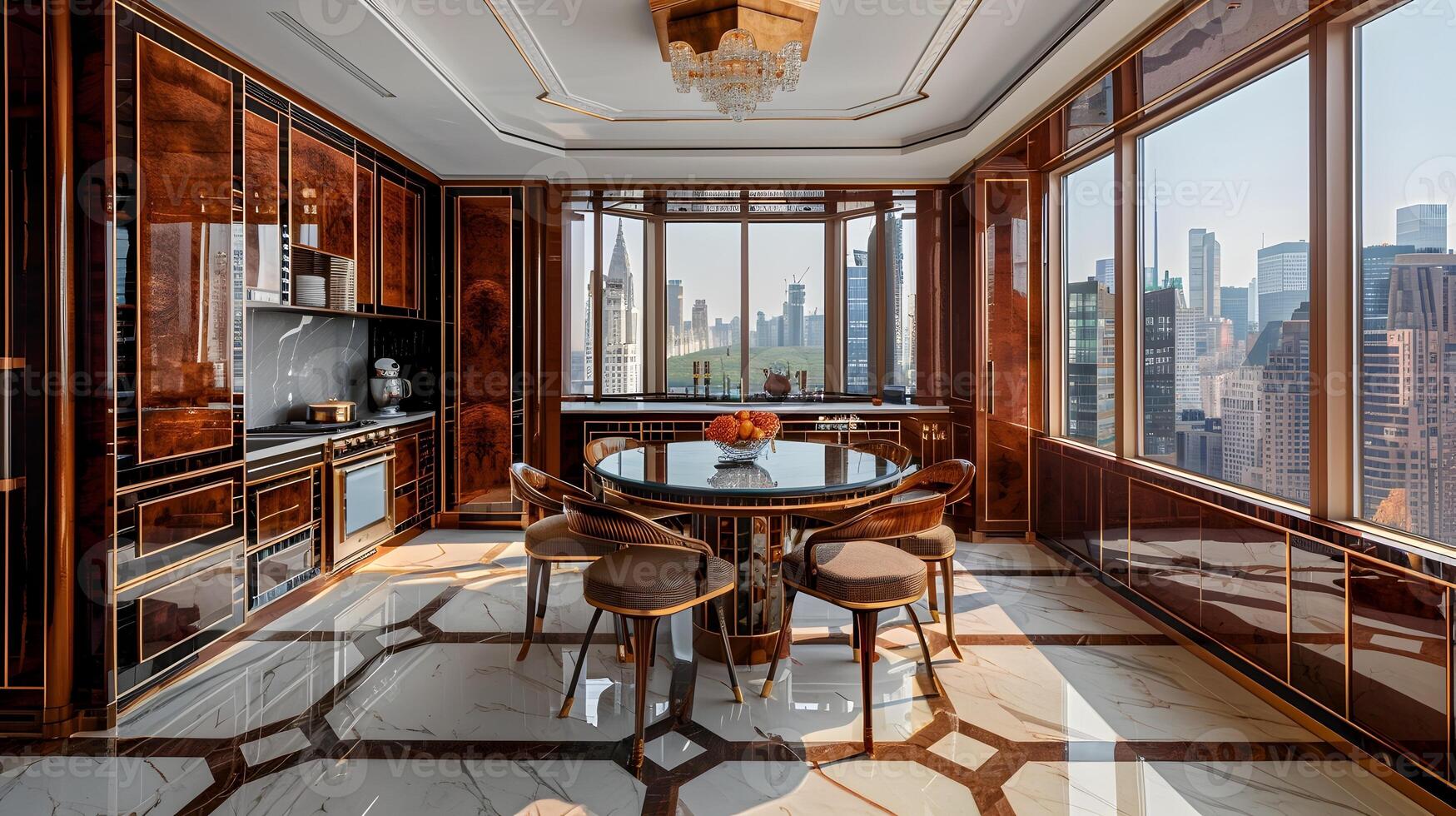 Art Deco Kitchen in Luxury Apartment with City Views and Warm Walnut Patterns photo