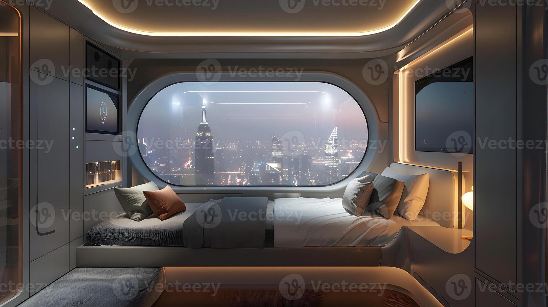urbano lujo un gama alta hotel habitación con controlado por voz inteligente hogar tecnología y asombroso puntos de vista foto