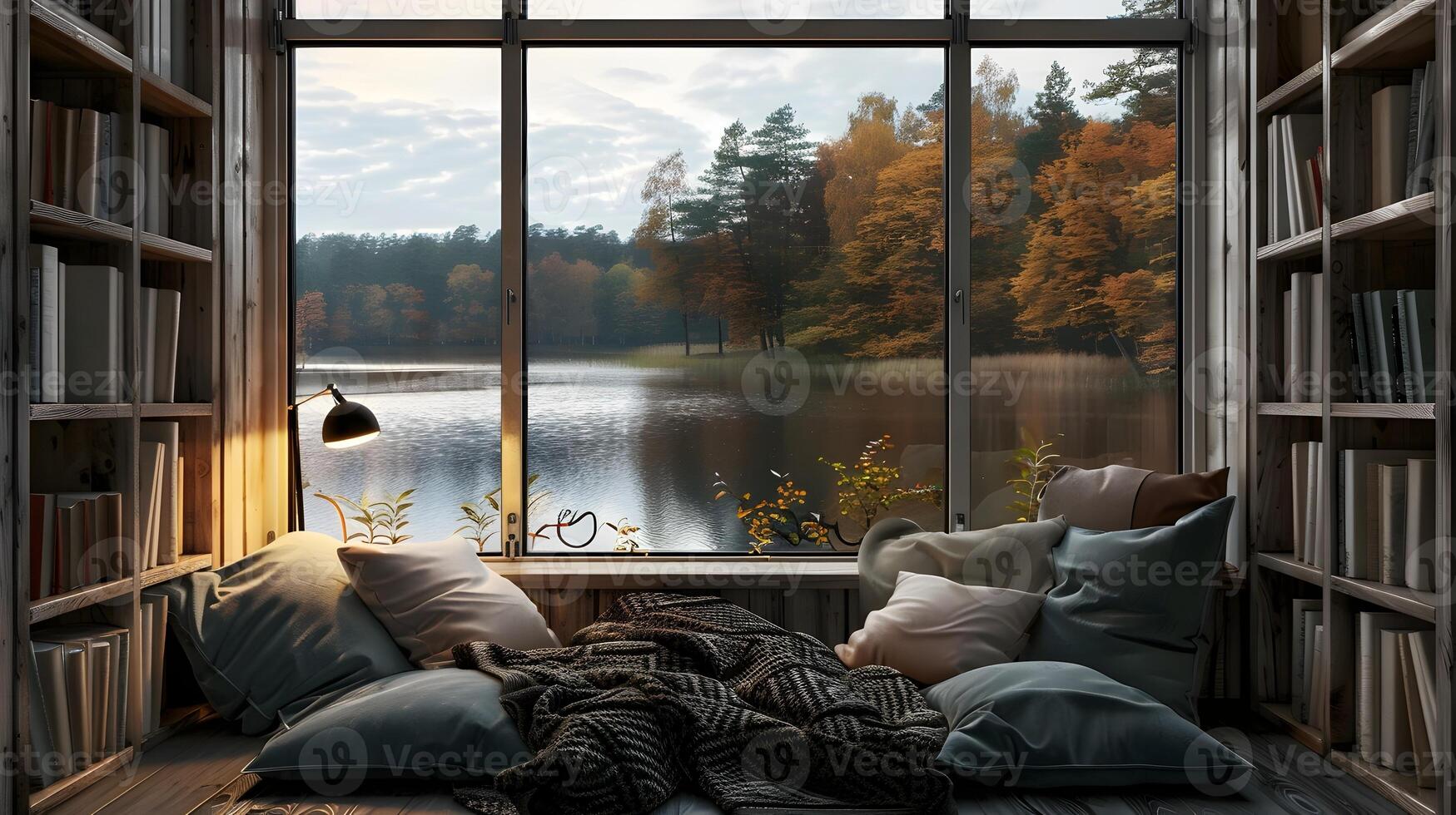 Tranquil Reading Nook Overlooking Serene Lake Inviting Sanctuary for Mindful Reflection photo