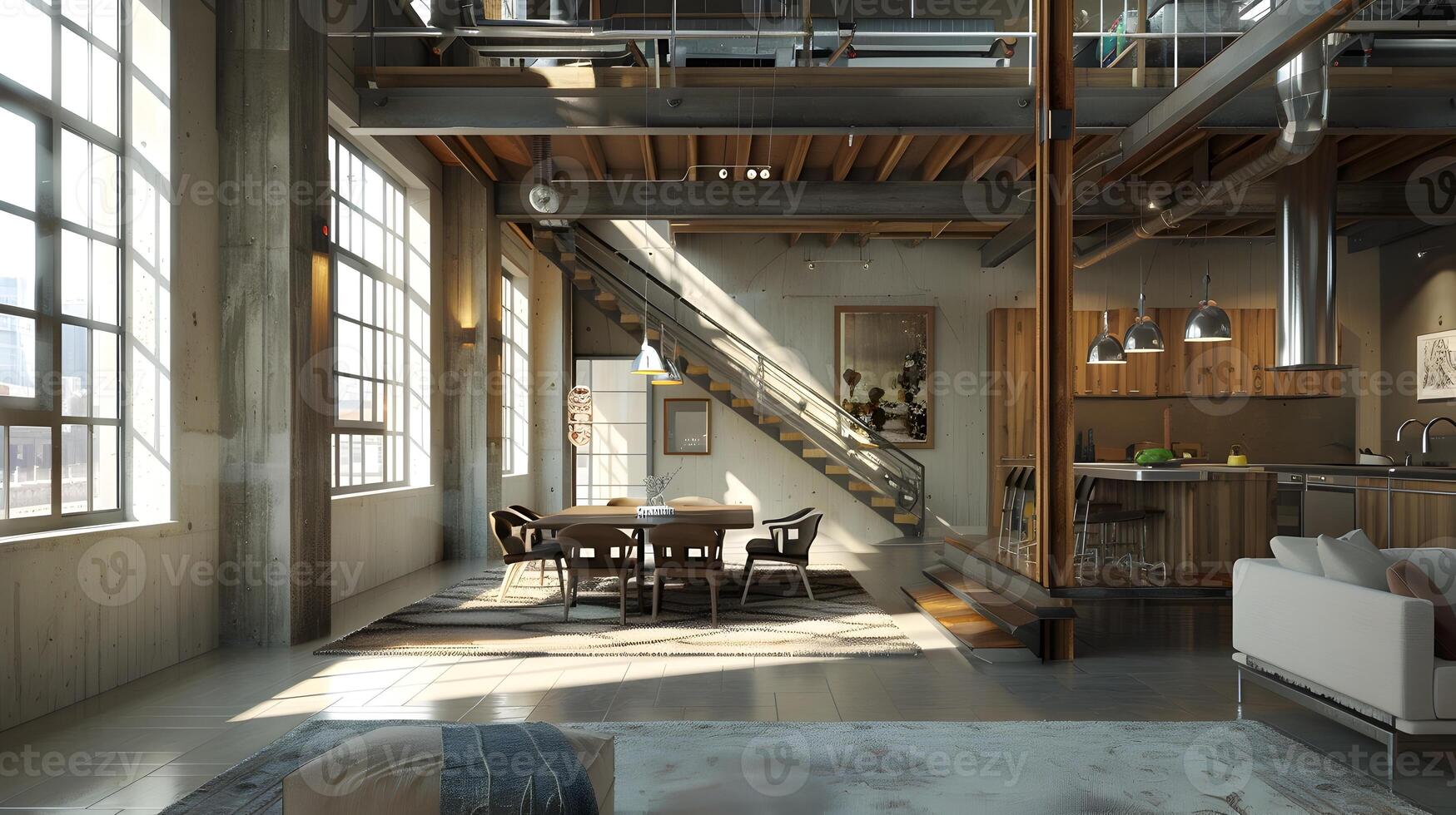 Trendy Urban Loft Exposition A Chic Living Space Illuminated by Recessed Lighting and Sunlight photo