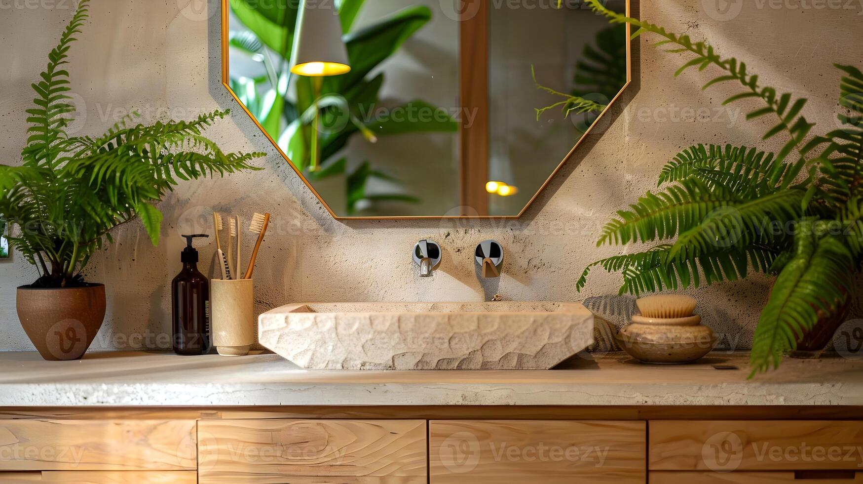 Tranquil Scandinavian Bathroom Vanity Adorned with Minimalist Hexagonal Mirror and Lush Greenery photo