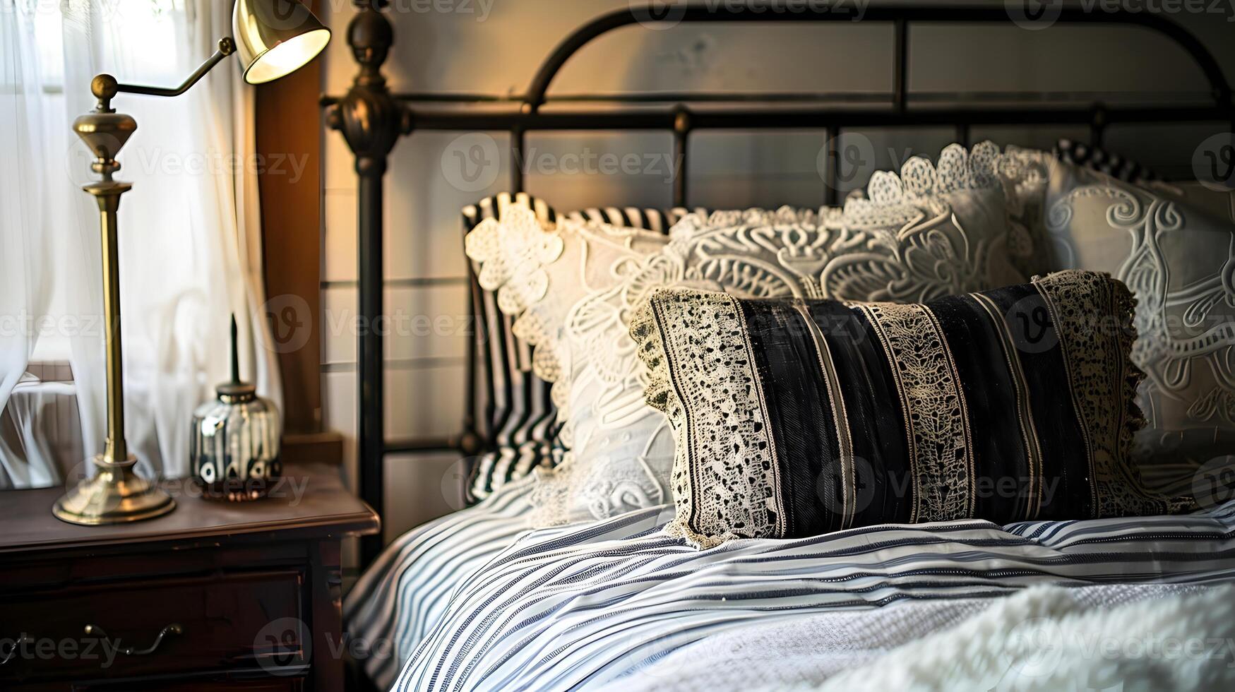 Clásico hierro cama adornado con de encaje almohadas en un nostálgico Era Victoriana dormitorio foto