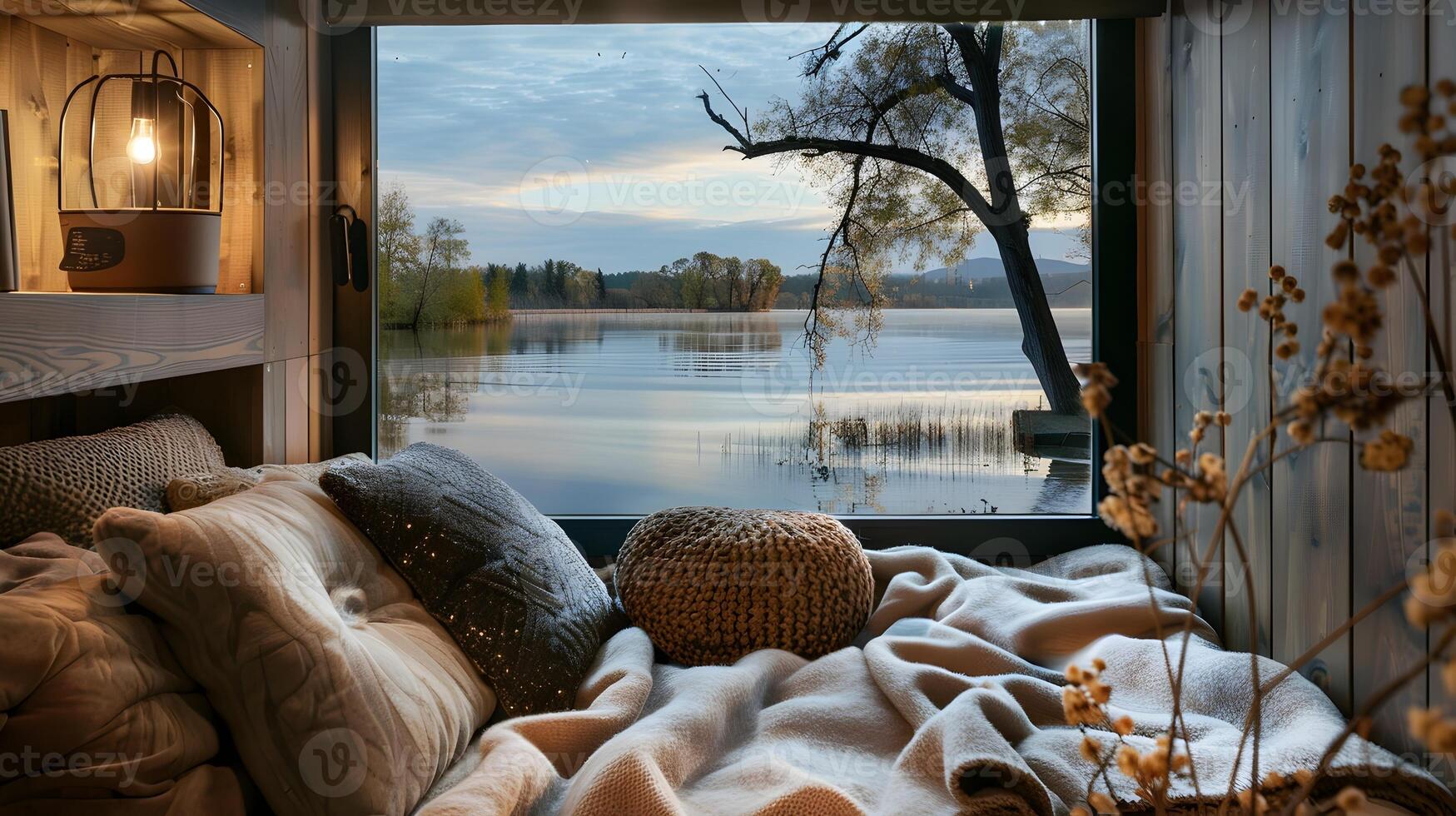 tranquilo leyendo rincón con vista a sereno lago atractivo retirada para atención y rejuvenecimiento foto