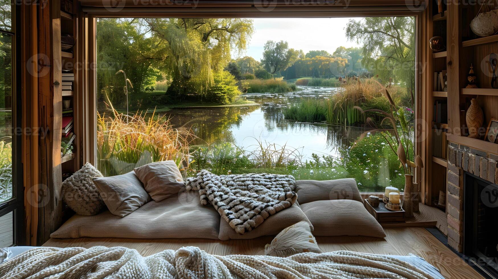 Tranquil Reading Hideaway Serene Nook Overlooking a Quiet Pond photo