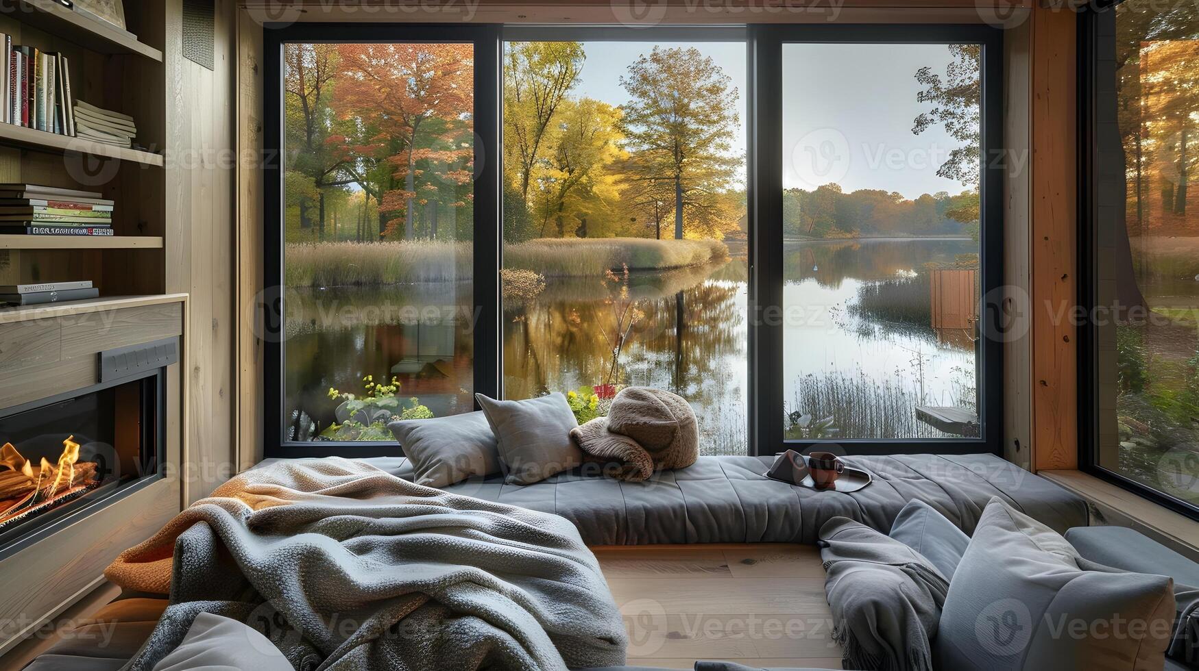 Tranquil Reading Nook Overlooking a Quiet Pond A Cozy Haven of Solitude and Literary Delights photo