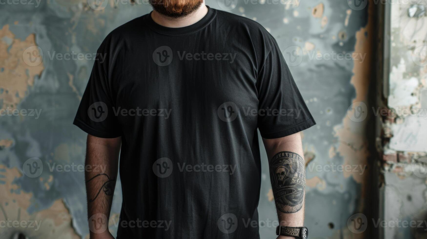 Big size fat adult man model in Blank black T Shirt for design mockup photo