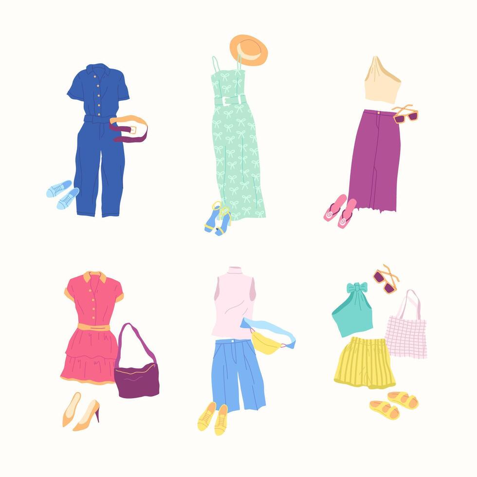 Cartoon Clothes Female Summer Combo Collection vector
