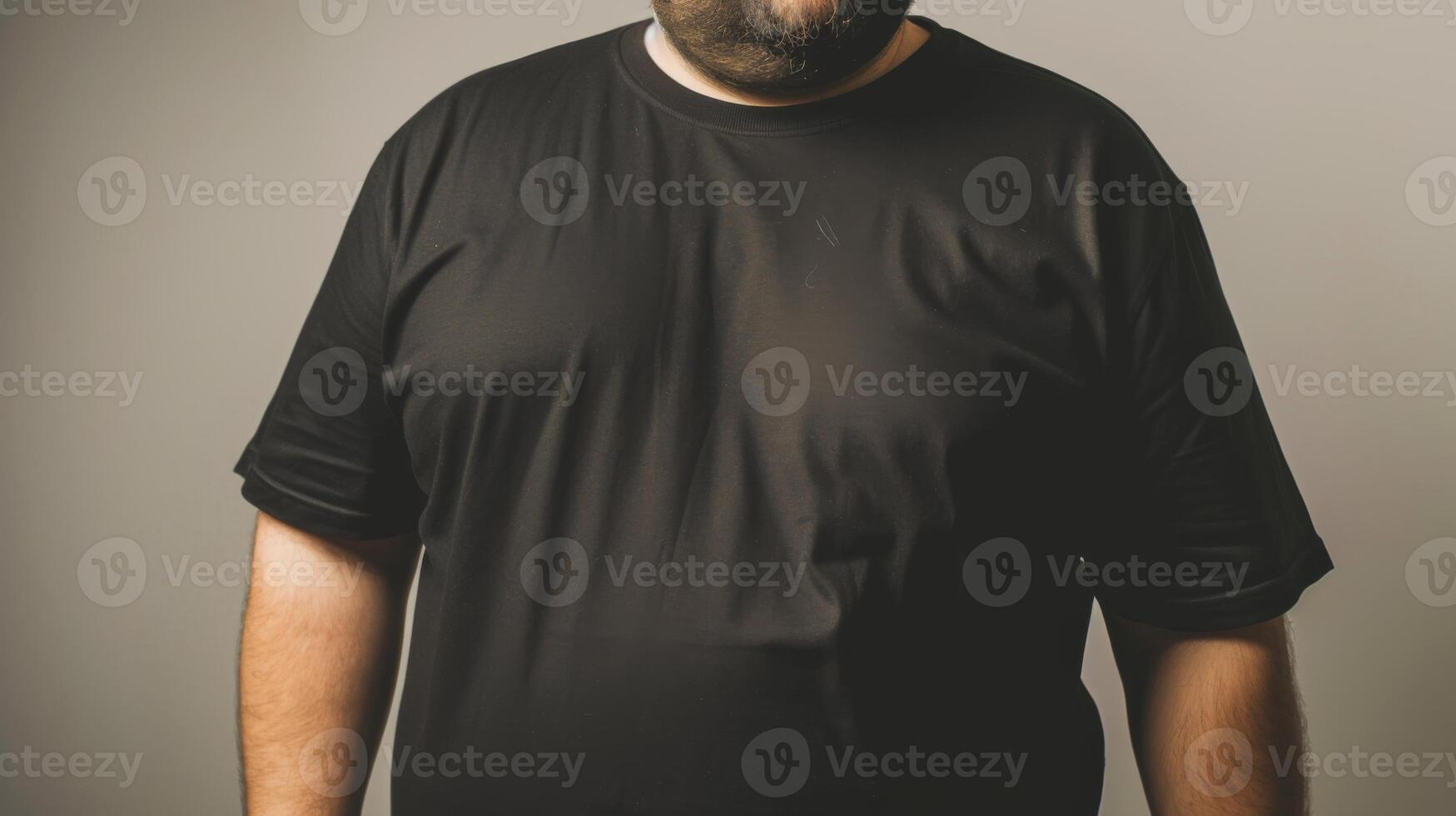 Big size fat adult man model in Blank black T Shirt for design mockup photo