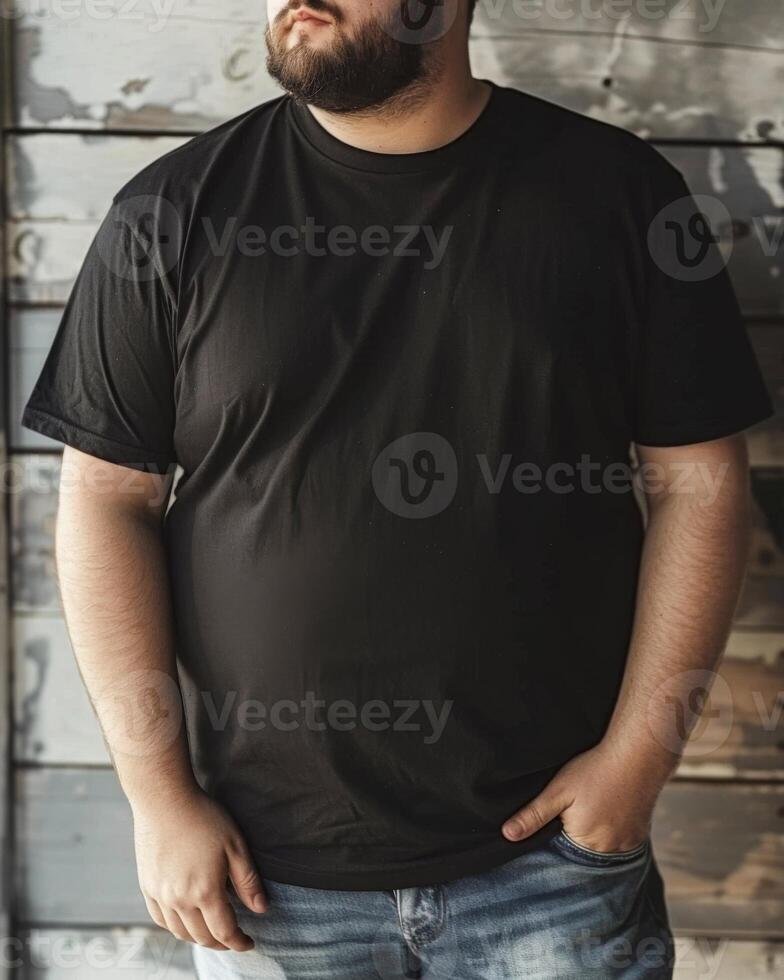 Big size fat adult man model in Blank black T Shirt for design mockup photo