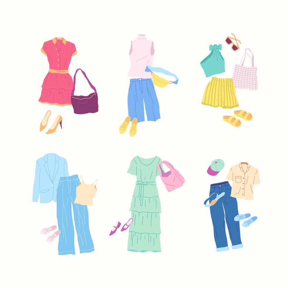 Cartoon Clothes Female Different Style Summer Combo Set vector