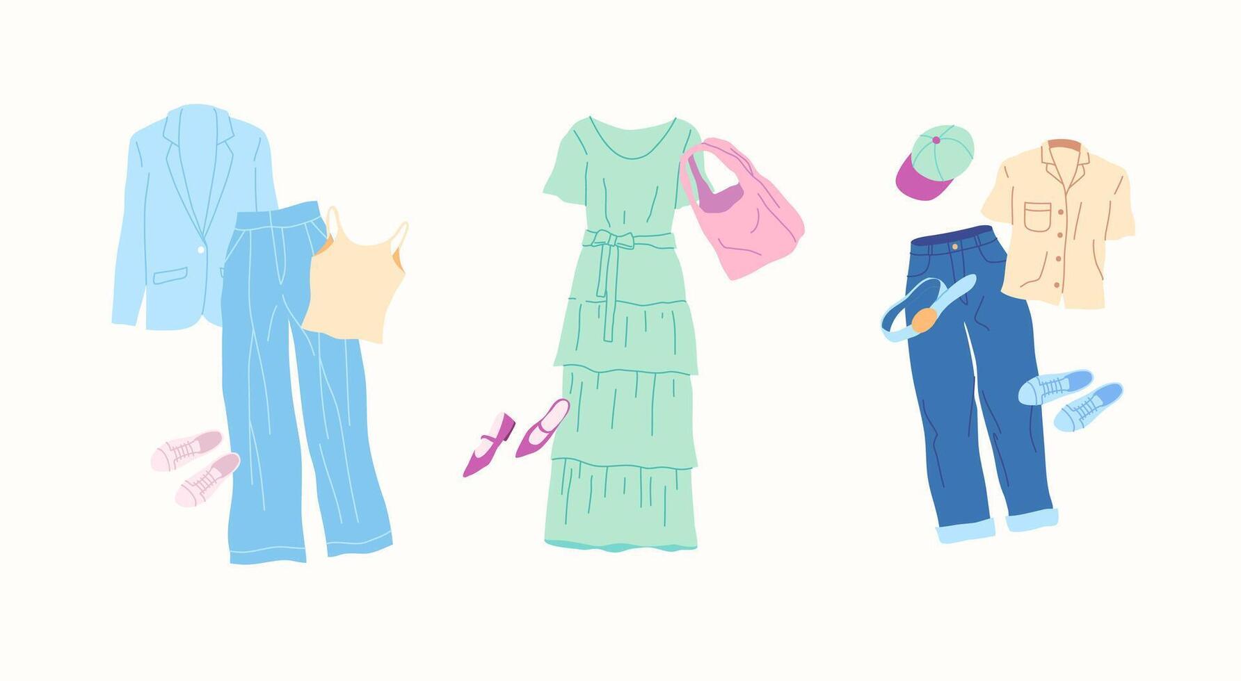 Cartoon Clothes Female Different Style Combo Set. vector