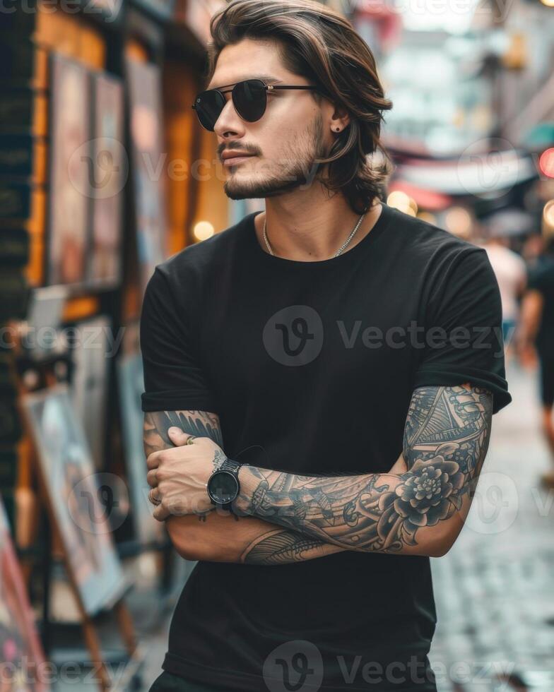 Black Tshirt mockup, featuring a rebel look male model photo
