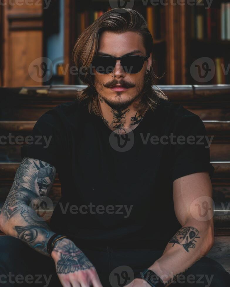 Black Tshirt mockup, featuring a rebel look male model photo