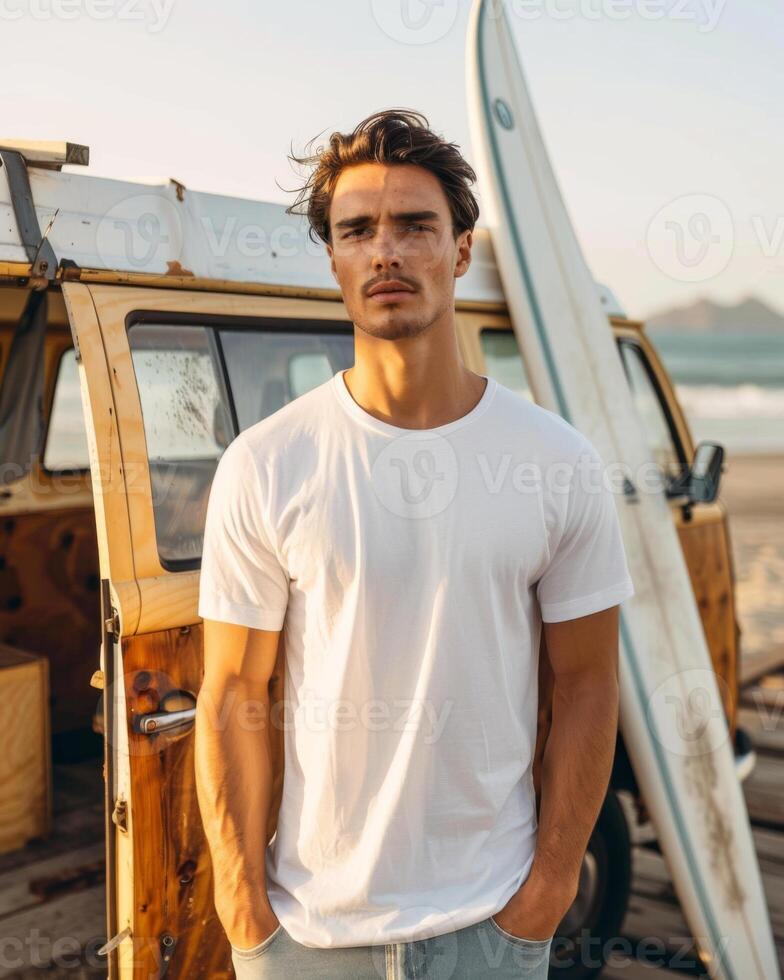 Young Adult man model in Blank white T Shirt for design mockup photo