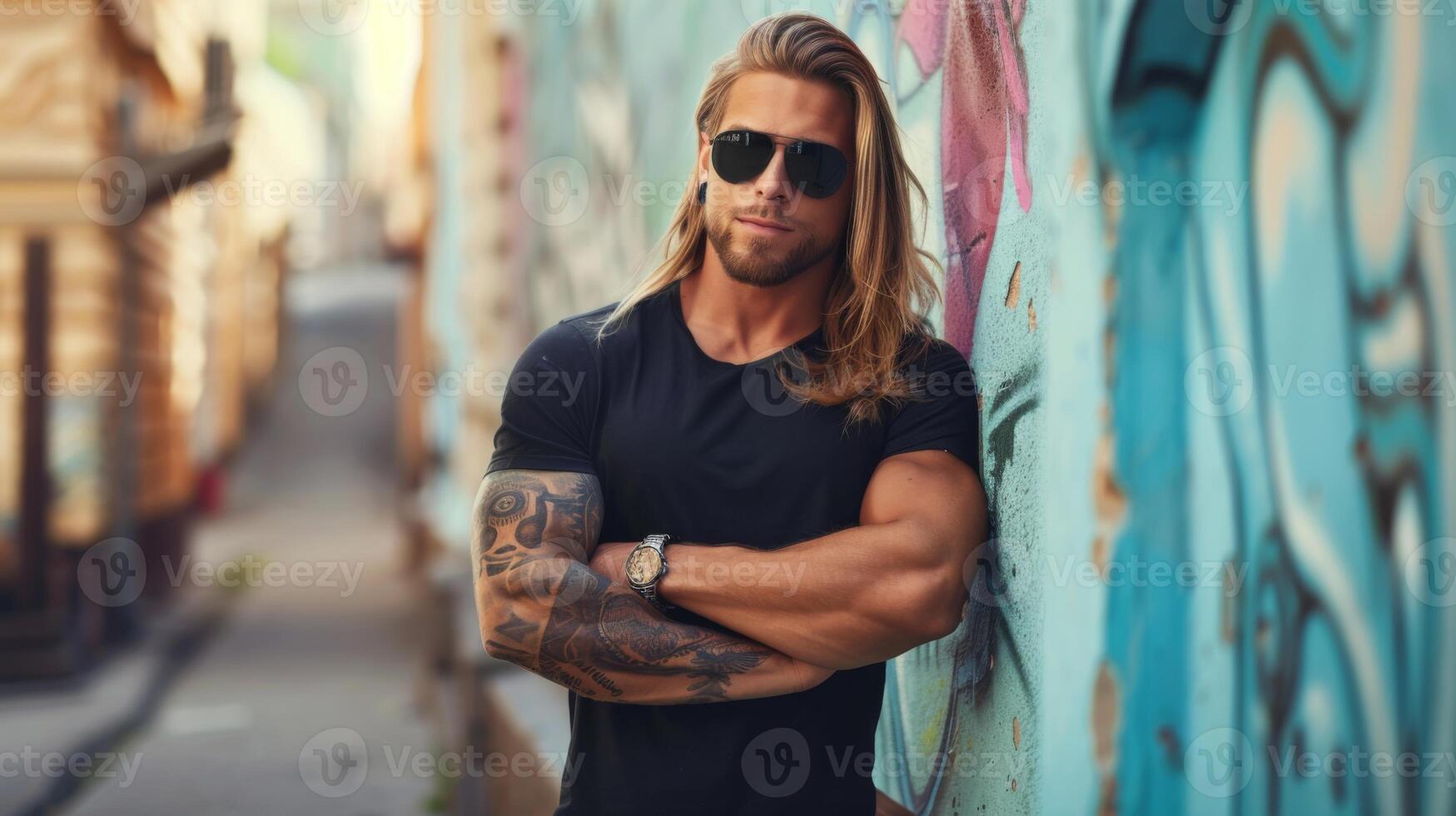 Black Tshirt mockup, featuring a rebel look male model photo
