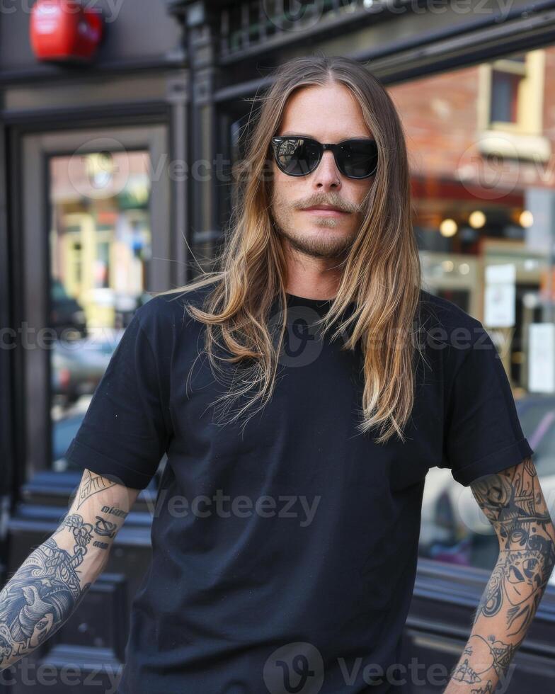 Black Tshirt mockup, featuring a rebel look male model photo