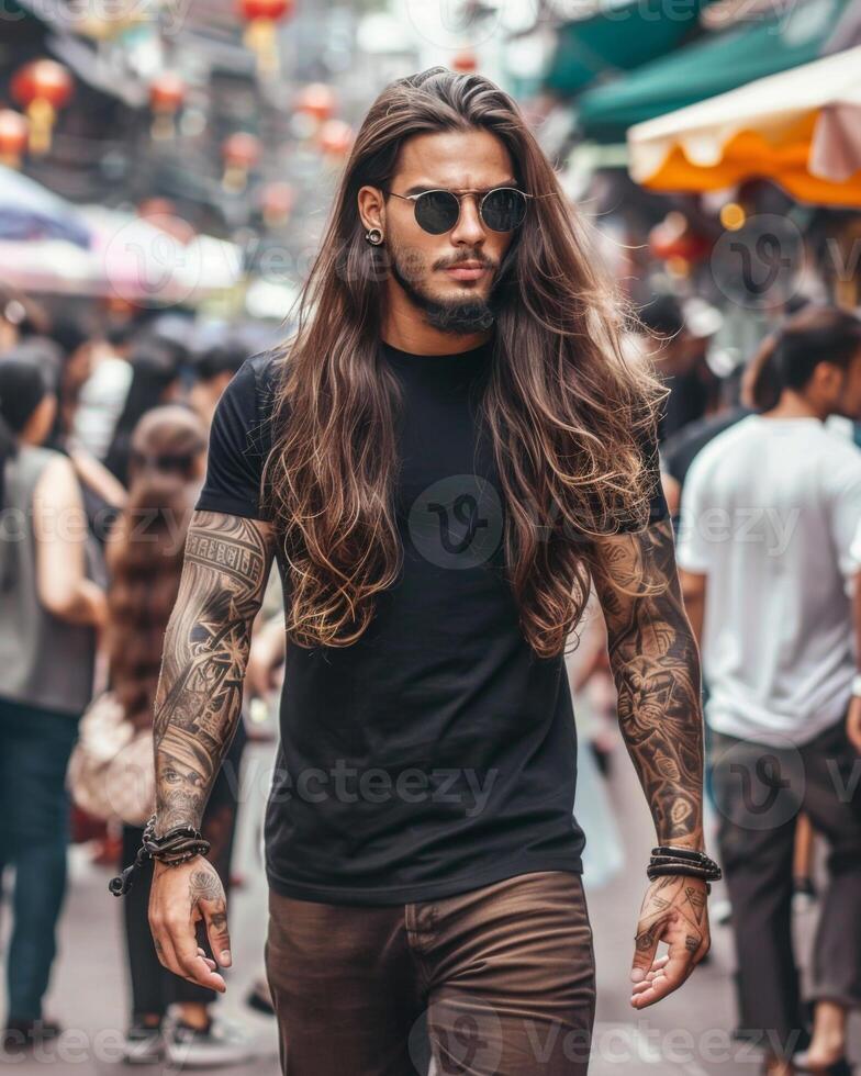 Black Tshirt mockup, featuring a rebel look male model photo