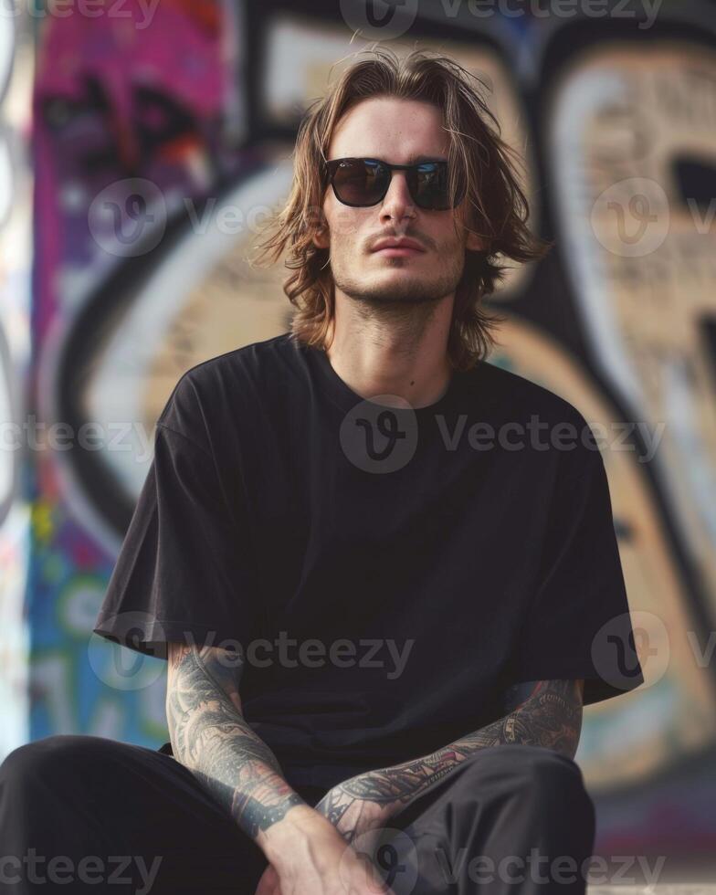 Black Tshirt mockup, featuring a rebel look male model photo