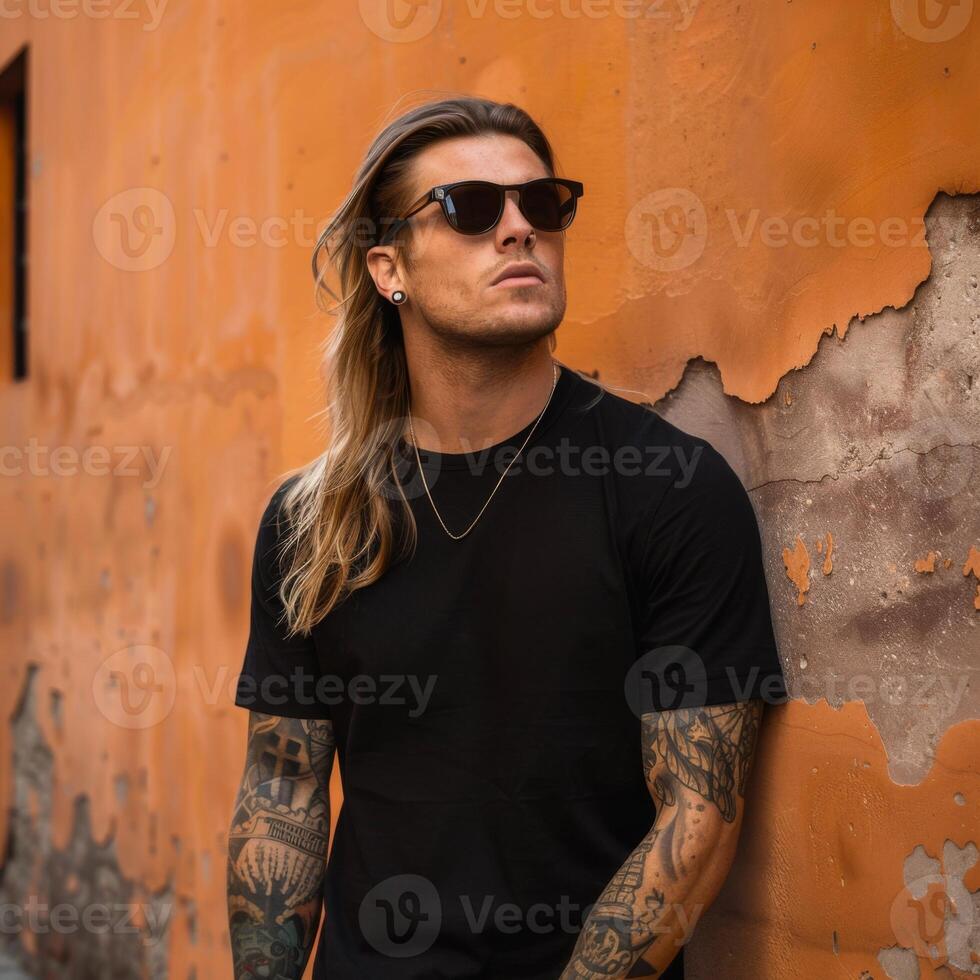 Black Tshirt mockup, featuring a rebel look male model photo