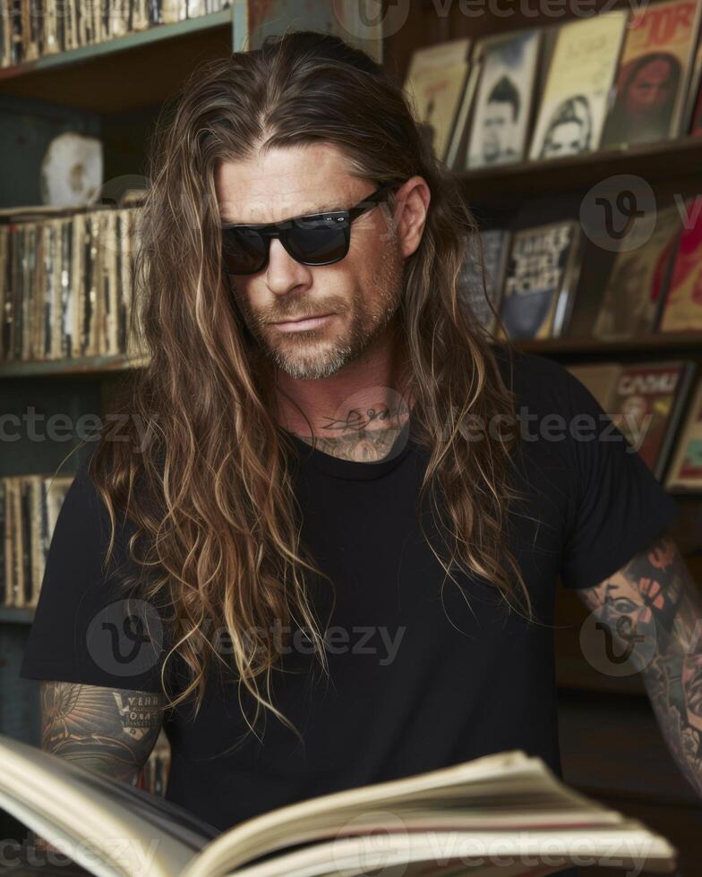Black Tshirt mockup, featuring a rebel look male model photo