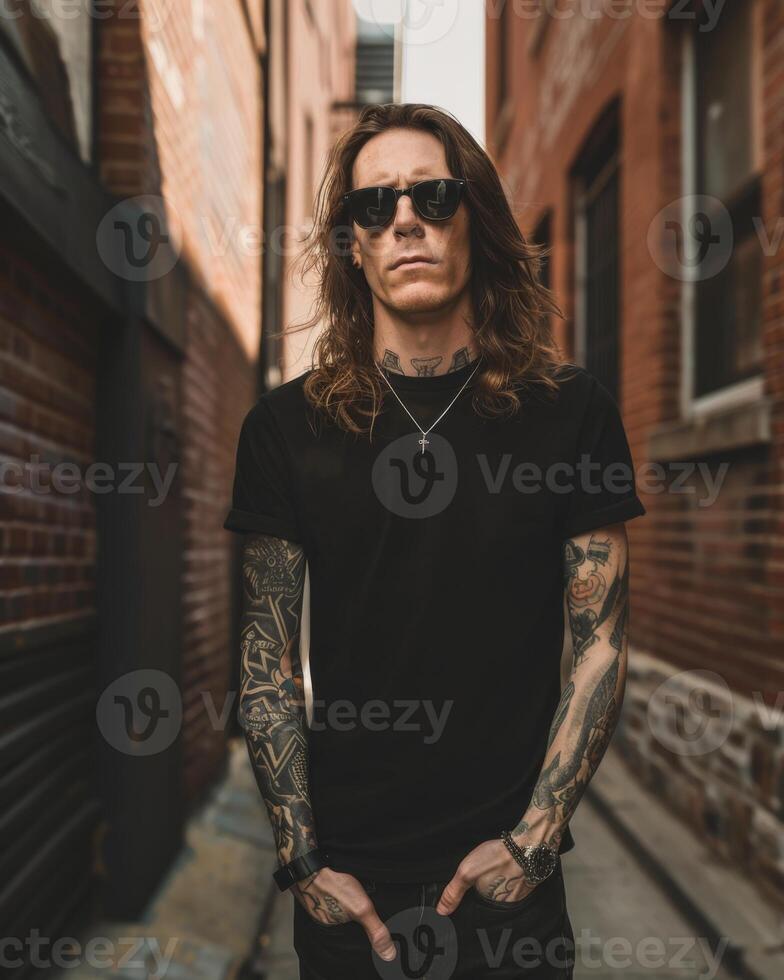 Black Tshirt mockup, featuring a rebel look male model photo