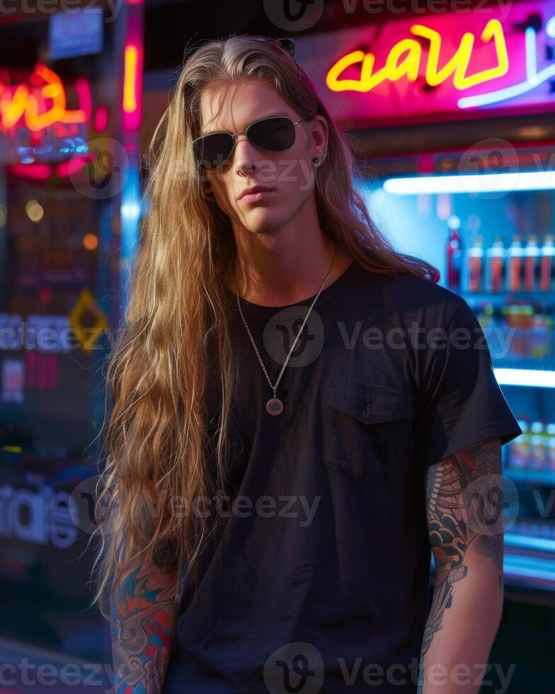 Black Tshirt mockup, featuring a rebel look male model photo
