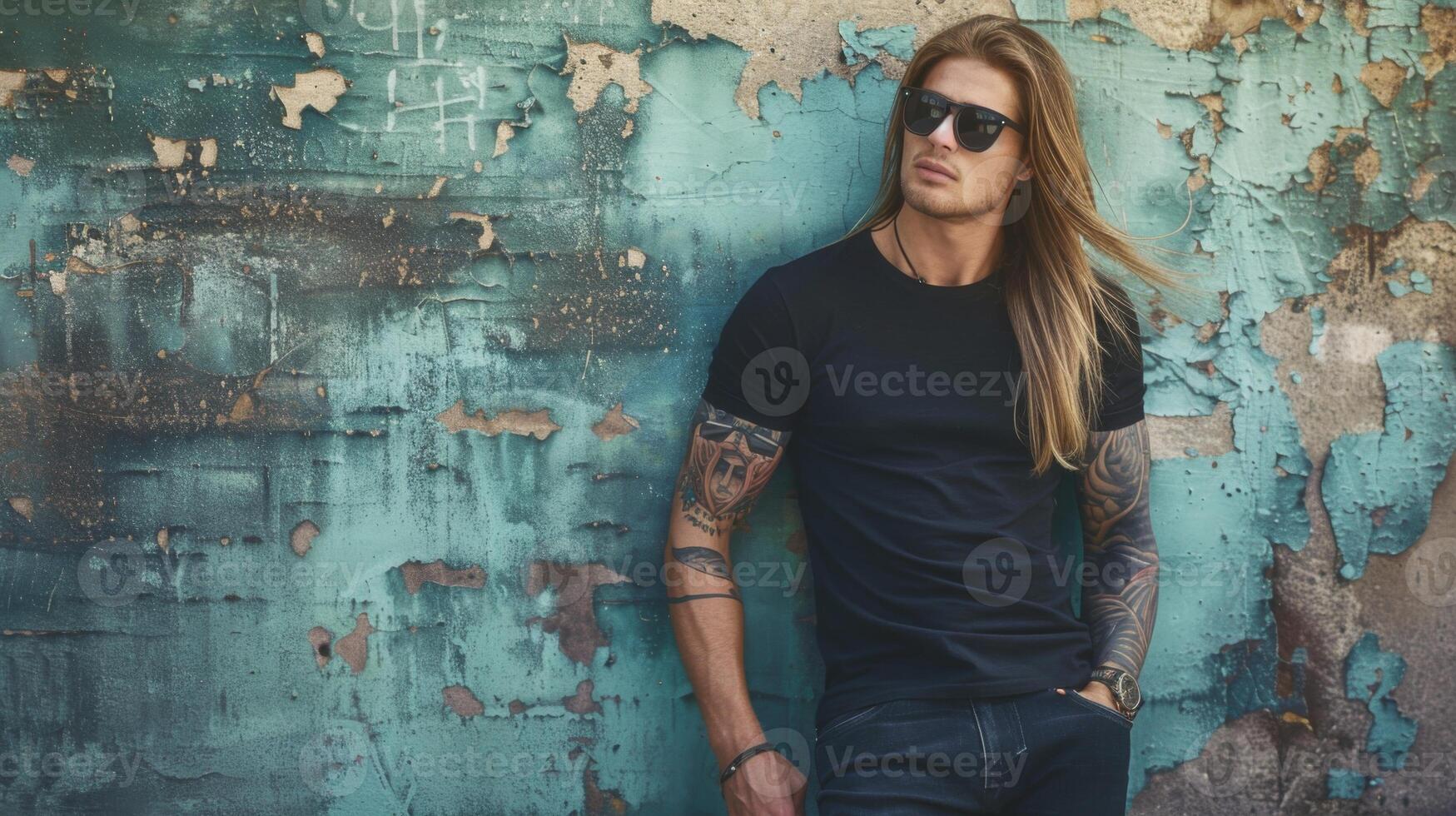 Black Tshirt mockup, featuring a rebel look male model photo