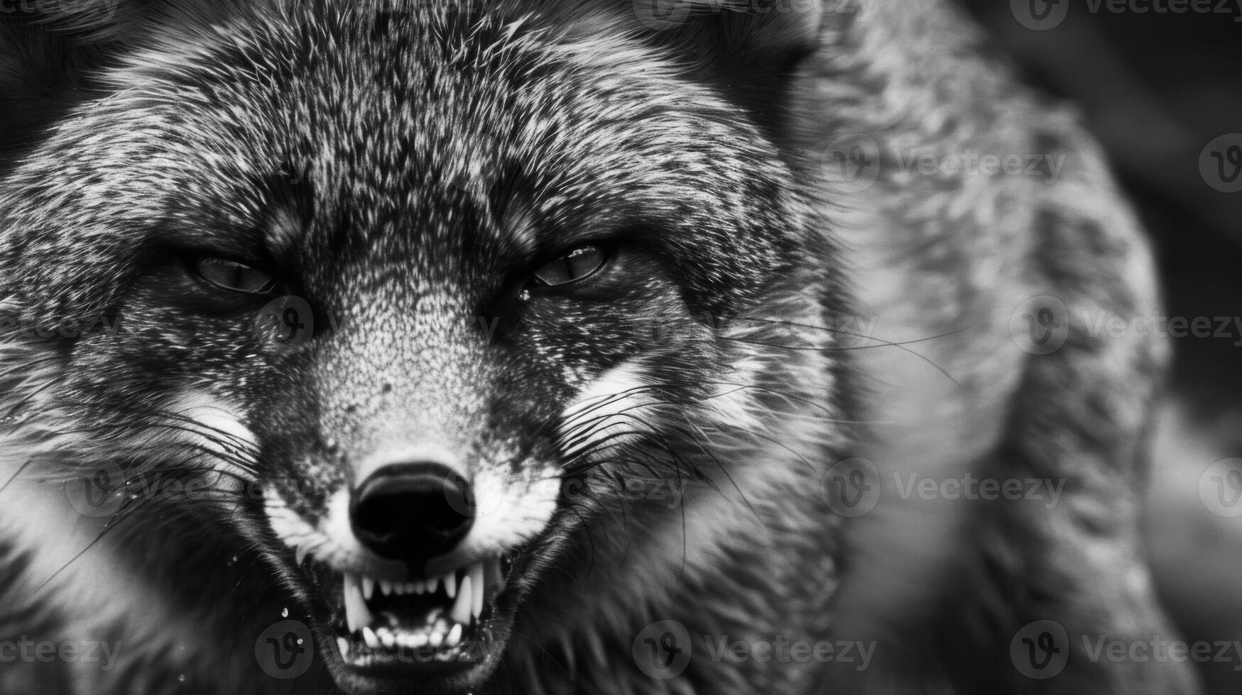 A black and white photography of a fox in the wild photo