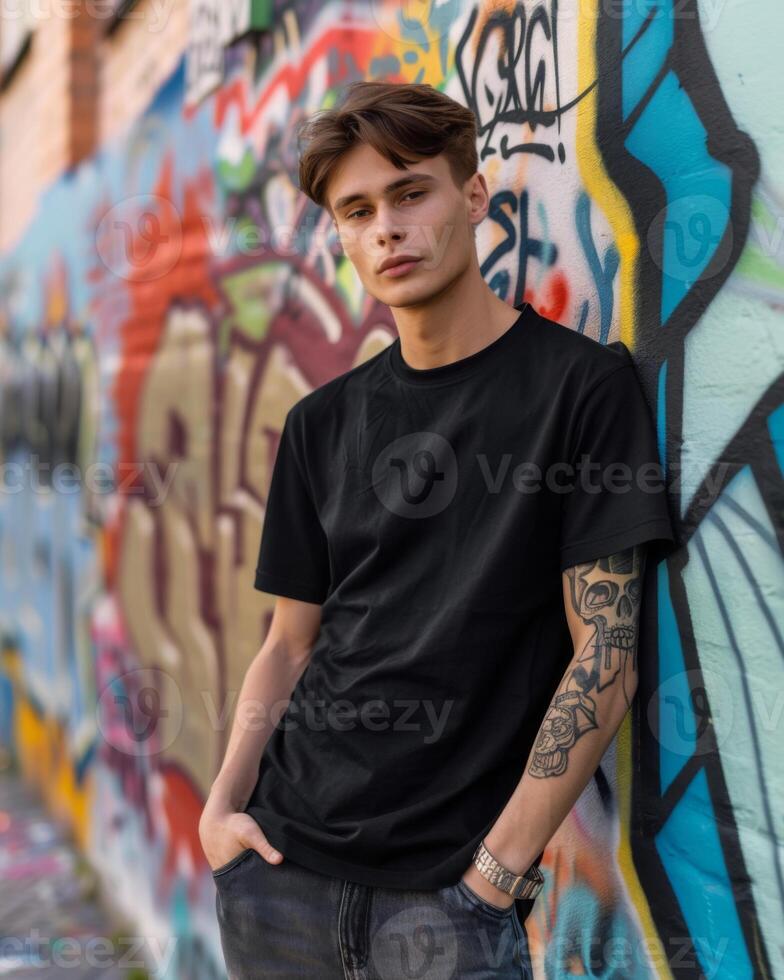 Young Caucasian Adult in Blank Black T Shirt photo