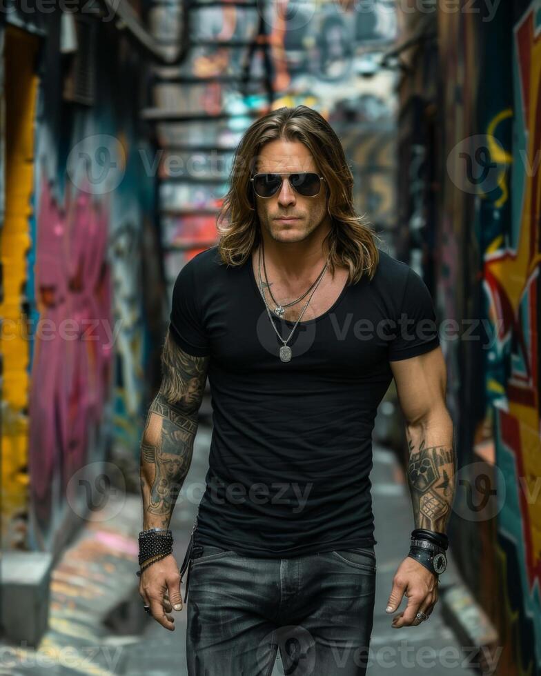 Black Tshirt mockup, featuring a rebel look male model photo