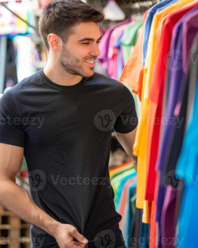Young Caucasian Adult in Blank Black T Shirt photo