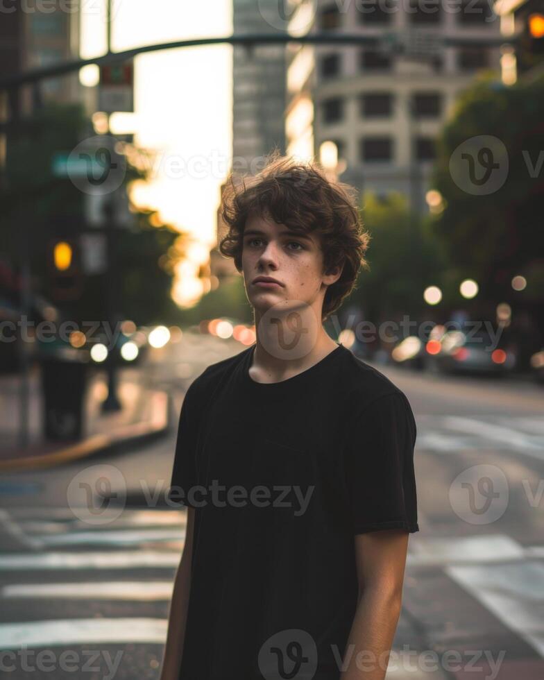 Young Caucasian Adult in Blank Black T Shirt photo