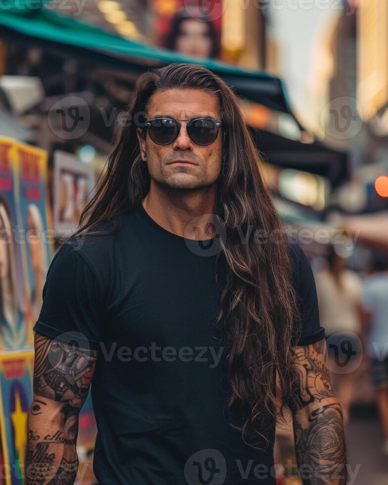 Black Tshirt mockup, featuring a rebel look male model photo