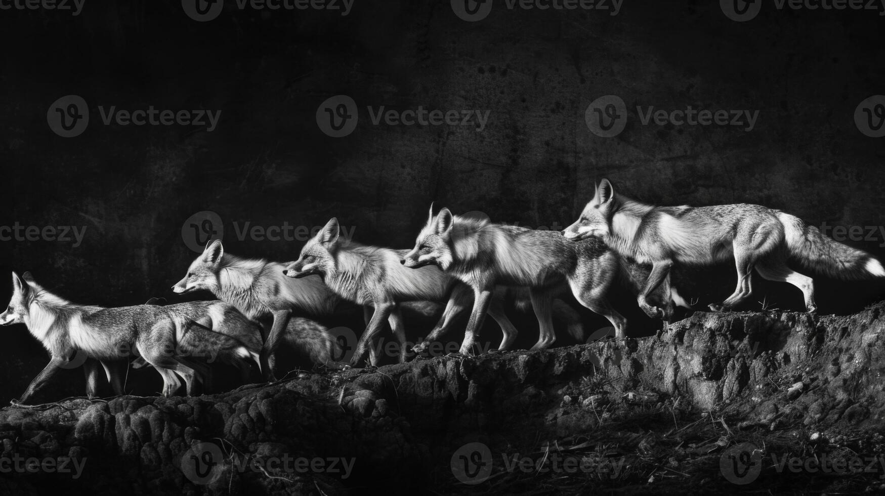 A black and white photography of a fox in the wild photo