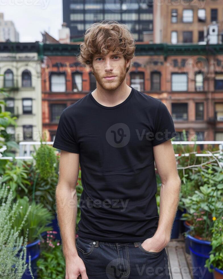 Young Caucasian Adult in Blank Black T Shirt photo
