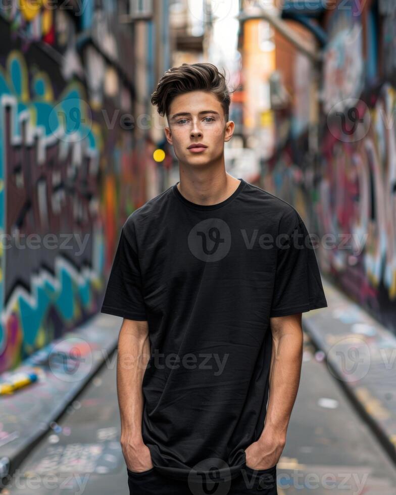 joven caucásico adulto en blanco negro t camisa foto