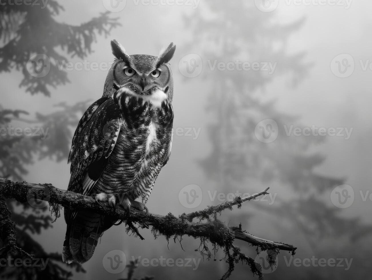 Black and White Photo of Owl in Wilderness