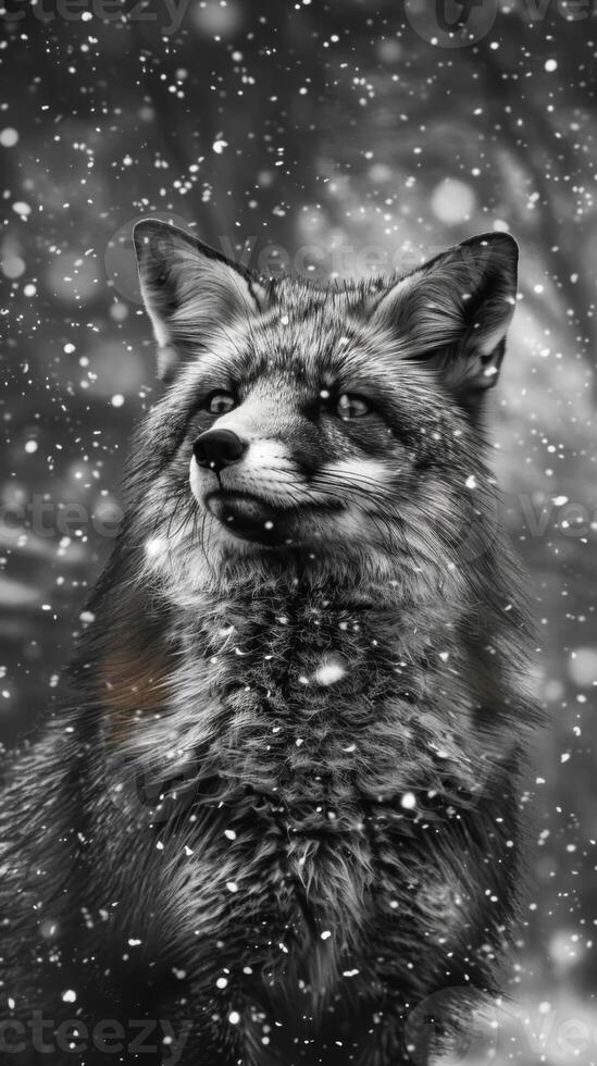 A black and white photography of a fox in the wild photo